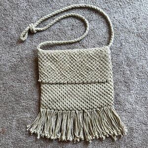 Boho Cream Crossbody Bag with Fringe Tassels Macrame.
